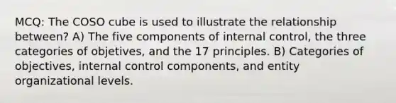 MCQ: The COSO cube is used to illustrate the relationship between? A) The five components of internal control, the three categories of objetives, and the 17 principles. B) Categories of objectives, internal control components, and entity organizational levels.