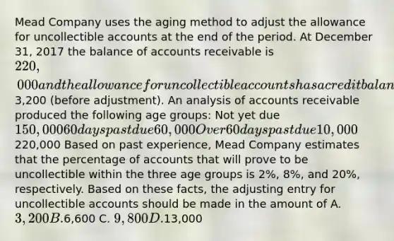 Mead Company uses the aging method to adjust the allowance for uncollectible accounts at the end of the period. At December 31, 2017 the balance of accounts receivable is 220,000 and the allowance for uncollectible accounts has a credit balance of3,200 (before adjustment). An analysis of accounts receivable produced the following age groups: Not yet due 150,000 60 days past due 60,000 Over 60 days past due 10,000220,000 Based on past experience, Mead Company estimates that the percentage of accounts that will prove to be uncollectible within the three age groups is 2%, 8%, and 20%, respectively. Based on these facts, the adjusting entry for uncollectible accounts should be made in the amount of A. 3,200 B.6,600 C. 9,800 D.13,000