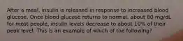 After a meal, insulin is released in response to increased blood glucose. Once blood glucose returns to normal, about 80 mg/dL for most people, insulin levels decrease to about 10% of their peak level. This is an example of which of the following?