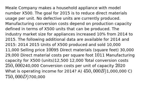 Meale Company makes a household appliance with model number X500. The goal for 2015 is to reduce direct materials usage per unit. No defective units are currently produced. Manufacturing conversion costs depend on production capacity defined in terms of X500 units that can be produced. The industry market size for appliances increased 10% from 2014 to 2015. The following additional data are available for 2014 and 2015: 2014 2015 Units of X500 produced and sold 10,000 11,000 Selling price 10095 Direct materials (square feet) 30,000 29,000 Direct material costs per square foot 1011 Manufacturing capacity for X500 (units)12,500 12,000 Total conversion costs 250,000240,000 Conversion costs per unit of capacity 2020 What is operating income for 2014? A) 450,000 B)1,000,000 C) 750,000 D)700,000