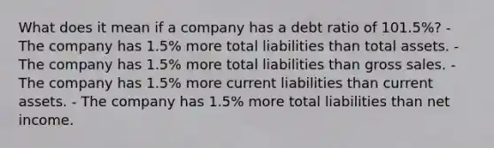 What does it mean if a company has a debt ratio of 101.5%? - The company has 1.5% more total liabilities than total assets. - The company has 1.5% more total liabilities than gross sales. - The company has 1.5% more current liabilities than current assets. - The company has 1.5% more total liabilities than net income.