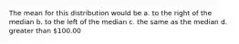 The mean for this distribution would be a. to the right of the median b. to the left of the median c. the same as the median d. greater than 100.00