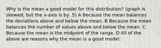 Why is the mean a good model for this distribution? (graph is skewed, but the x-axis is by .5) A Because the mean balances the deviations above and below the mean. B Because the mean balances the number of values above and below the mean. C Because the mean is the midpoint of the range. D All of the above are reasons why the mean is a good model.