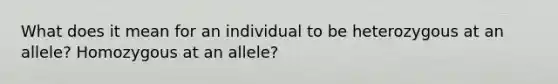 What does it mean for an individual to be heterozygous at an allele? Homozygous at an allele?