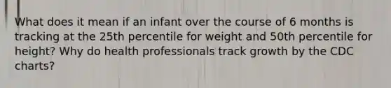 What does it mean if an infant over the course of 6 months is tracking at the 25th percentile for weight and 50th percentile for height? Why do health professionals track growth by the CDC charts?