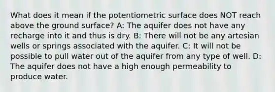 What does it mean if the potentiometric surface does NOT reach above the ground surface? A: The aquifer does not have any recharge into it and thus is dry. B: There will not be any artesian wells or springs associated with the aquifer. C: It will not be possible to pull water out of the aquifer from any type of well. D: The aquifer does not have a high enough permeability to produce water.