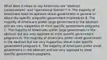 What does it mean to say Americans are "abstract conservatives" and "operational liberals"? A. The majority of Americans have no opinions about government in general or about the specific programs government implements B. The majority of Americans prefer large government in the abstract and are very supportive of most specific government programs C. The majority of Americans prefer large government in the abstract but are very opposed to most specific government programs D. The majority of Americans prefer small government in the abstract but are very supportive about most specific government programs E. The majority of Americans prefer small government in the abstract and are very opposed to most specific government programs.