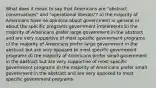 What does it mean to say that Americans are "abstract conservatives" and "operational liberals"? a) the majority of Americans have no opinions about government in general or about the specific programs government implements b) the majority of Americans prefer large government in the abstract and are very supportive of most specific government programs c) the majority of Americans prefer large government in the abstract but are very opposed to most specific government programs d) the majority of Americans prefer small government in the abstract but are very supportive of most specific government programs e) the majority of Americans prefer small government in the abstract and are very opposed to most specific government programs