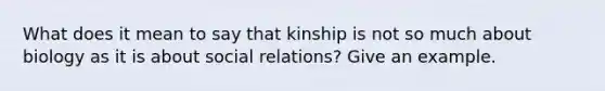 What does it mean to say that kinship is not so much about biology as it is about social relations? Give an example.