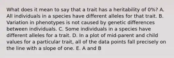 What does it mean to say that a trait has a heritability of 0%? A. All individuals in a species have different alleles for that trait. B. Variation in phenotypes is not caused by genetic differences between individuals. C. Some individuals in a species have different alleles for a trait. D. In a plot of mid-parent and child values for a particular trait, all of the data points fall precisely on the line with a slope of one. E. A and B