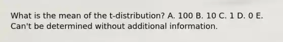 What is the mean of the t-distribution? A. 100 B. 10 C. 1 D. 0 E. Can't be determined without additional information.