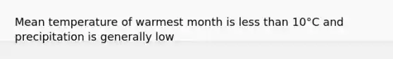 Mean temperature of warmest month is <a href='https://www.questionai.com/knowledge/k7BtlYpAMX-less-than' class='anchor-knowledge'>less than</a> 10°C and precipitation is generally low