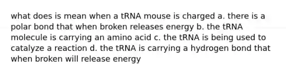 what does is mean when a tRNA mouse is charged a. there is a polar bond that when broken releases energy b. the tRNA molecule is carrying an amino acid c. the tRNA is being used to catalyze a reaction d. the tRNA is carrying a hydrogen bond that when broken will release energy