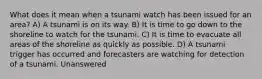 What does it mean when a tsunami watch has been issued for an area? A) A tsunami is on its way. B) It is time to go down to the shoreline to watch for the tsunami. C) It is time to evacuate all areas of the shoreline as quickly as possible. D) A tsunami trigger has occurred and forecasters are watching for detection of a tsunami. Unanswered