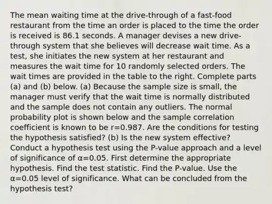 The mean waiting time at the​ drive-through of a​ fast-food restaurant from the time an order is placed to the time the order is received is 86.1 seconds. A manager devises a new​ drive-through system that she believes will decrease wait time. As a​ test, she initiates the new system at her restaurant and measures the wait time for 10 randomly selected orders. The wait times are provided in the table to the right. Complete parts​ (a) and​ (b) below. (a) Because the sample size is​ small, the manager must verify that the wait time is normally distributed and the sample does not contain any outliers. The normal probability plot is shown below and the sample correlation coefficient is known to be r=0.987. Are the conditions for testing the hypothesis​ satisfied? (b) Is the new system​ effective? Conduct a hypothesis test using the​ P-value approach and a level of significance of α=0.05. First determine the appropriate hypothesis. Find <a href='https://www.questionai.com/knowledge/kzeQt8hpQB-the-test-statistic' class='anchor-knowledge'>the test statistic</a>. Find the P-value. Use the α=0.05 level of significance. What can be concluded from the hypothesis test?