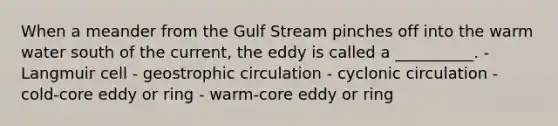 When a meander from the Gulf Stream pinches off into the warm water south of the current, the eddy is called a __________. - Langmuir cell - geostrophic circulation - cyclonic circulation - cold-core eddy or ring - warm-core eddy or ring