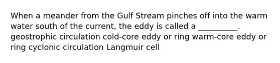 When a meander from the Gulf Stream pinches off into the warm water south of the current, the eddy is called a __________. geostrophic circulation cold-core eddy or ring warm-core eddy or ring cyclonic circulation Langmuir cell