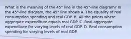 What is the meaning of the​ 45° line in the​ 45°-line diagram? In the​ 45°-line diagram, the​ 45° line shows A. The equality of real consumption spending and real GDP. B. All the points where aggregate expenditure equals real GDP. C. Real aggregate expenditure for varying levels of real GDP. D. Real consumption spending for varying levels of real GDP.