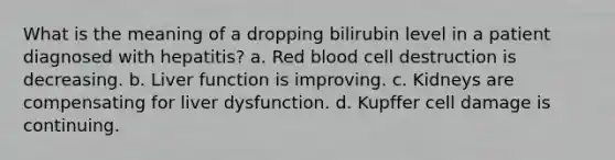 What is the meaning of a dropping bilirubin level in a patient diagnosed with hepatitis? a. Red blood cell destruction is decreasing. b. Liver function is improving. c. Kidneys are compensating for liver dysfunction. d. Kupffer cell damage is continuing.