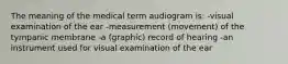 The meaning of the medical term audiogram is: -visual examination of the ear -measurement (movement) of the tympanic membrane -a (graphic) record of hearing -an instrument used for visual examination of the ear