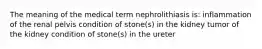 The meaning of the medical term nephrolithiasis is: inflammation of the renal pelvis condition of stone(s) in the kidney tumor of the kidney condition of stone(s) in the ureter