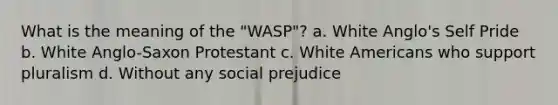 What is the meaning of the "WASP"? a. White Anglo's Self Pride b. White Anglo-Saxon Protestant c. White Americans who support pluralism d. Without any social prejudice