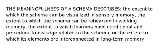 THE MEANINGFULNESS OF A SCHEMA DESCRIBES: the extent to which the schema can be visualized in sensory memory, the extent to which the schema can be rehearsed in working memory, the extent to which learners have conditional and procedural knowledge related to the schema, or the extent to which its elements are interconnected in long-term memory