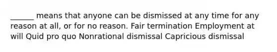 ______ means that anyone can be dismissed at any time for any reason at all, or for no reason. Fair termination Employment at will Quid pro quo Nonrational dismissal Capricious dismissal