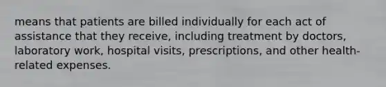 means that patients are billed individually for each act of assistance that they receive, including treatment by doctors, laboratory work, hospital visits, prescriptions, and other health-related expenses.