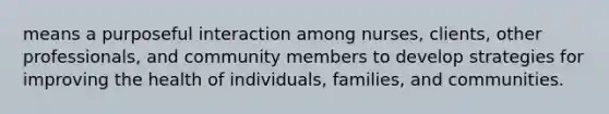 means a purposeful interaction among nurses, clients, other professionals, and community members to develop strategies for improving the health of individuals, families, and communities.