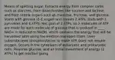 Means of splitting sugar. Extracts energy from complex carbs such as starches, from disaccharides like sucrose and lactose, and from simple sugars such as mannose, fructose, and glucose. Starts with glucose (6-C sugar) and invests 2 ATPs. Ends with 2 pyruvates and 4 ATPS. Net gain of 2 ATPs, so 2 molecules of ATP are made for each molecule of glucose that is oxidized in ____. NAD+ is reduced to NADH, which contains the energy that will be harvested later using the electron transport chain. Uses substrate-level phosphorylation to make ATP. Does not require oxygen. Occurs in the cytoplasm of eukaryotic and prokaryotic cells. Requires glucose, and an initial investment of energy (2 ATPs) to get reaction going.