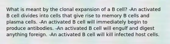 What is meant by the clonal expansion of a B cell? -An activated B cell divides into cells that give rise to memory B cells and plasma cells. -An activated B cell will immediately begin to produce antibodies. -An activated B cell will engulf and digest anything foreign. -An activated B cell will kill infected host cells.