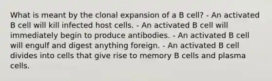 What is meant by the clonal expansion of a B cell? - An activated B cell will kill infected host cells. - An activated B cell will immediately begin to produce antibodies. - An activated B cell will engulf and digest anything foreign. - An activated B cell divides into cells that give rise to memory B cells and plasma cells.