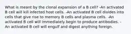 What is meant by the clonal expansion of a B cell? -An activated B cell will kill infected host cells. -An activated B cell divides into cells that give rise to memory B cells and plasma cells. -An activated B cell will immediately begin to produce antibodies. -An activated B cell will engulf and digest anything foreign.