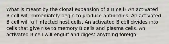 What is meant by the clonal expansion of a B cell? An activated B cell will immediately begin to produce antibodies. An activated B cell will kill infected host cells. An activated B cell divides into cells that give rise to memory B cells and plasma cells. An activated B cell will engulf and digest anything foreign.