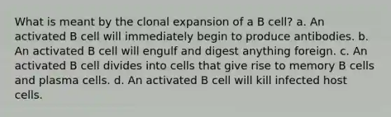 What is meant by the clonal expansion of a B cell? a. An activated B cell will immediately begin to produce antibodies. b. An activated B cell will engulf and digest anything foreign. c. An activated B cell divides into cells that give rise to memory B cells and plasma cells. d. An activated B cell will kill infected host cells.