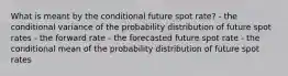 What is meant by the conditional future spot rate? - the conditional variance of the probability distribution of future spot rates - the forward rate - the forecasted future spot rate - the conditional mean of the probability distribution of future spot rates