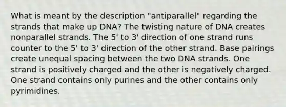 What is meant by the description "antiparallel" regarding the strands that make up DNA? The twisting nature of DNA creates nonparallel strands. The 5' to 3' direction of one strand runs counter to the 5' to 3' direction of the other strand. Base pairings create unequal spacing between the two DNA strands. One strand is positively charged and the other is negatively charged. One strand contains only purines and the other contains only pyrimidines.