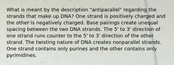 What is meant by the description "antiparallel" regarding the strands that make up DNA? One strand is positively charged and the other is negatively charged. Base pairings create unequal spacing between the two DNA strands. The 5' to 3' direction of one strand runs counter to the 5' to 3' direction of the other strand. The twisting nature of DNA creates nonparallel strands. One strand contains only purines and the other contains only pyrimidines.