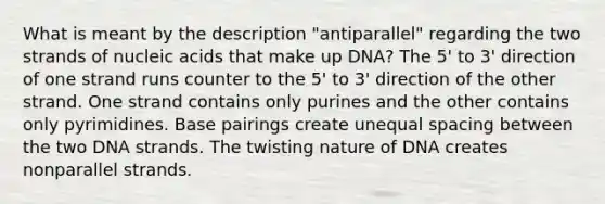 What is meant by the description "antiparallel" regarding the two strands of nucleic acids that make up DNA? The 5' to 3' direction of one strand runs counter to the 5' to 3' direction of the other strand. One strand contains only purines and the other contains only pyrimidines. Base pairings create unequal spacing between the two DNA strands. The twisting nature of DNA creates nonparallel strands.