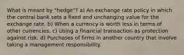 What is meant by "hedge"? a) An exchange rate policy in which the central bank sets a fixed and unchanging value for the exchange rate. b) When a currency is worth less in terms of other currencies. c) Using a financial transaction as protection against risk. d) Purchases of firms in another country that involve taking a management responsibility.