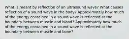 What is meant by reflection of an ultrasound wave? What causes reflection of a sound wave in the body? Approximately how much of the energy contained in a sound wave is reflected at the boundary between muscle and blood? Approximately how much of the energy contained in a sound wave is reflected at the boundary between muscle and bone?