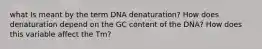 what Is meant by the term DNA denaturation? How does denaturation depend on the GC content of the DNA? How does this variable affect the Tm?