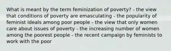 What is meant by the term feminization of poverty? - the view that conditions of poverty are emasculating - the popularity of feminist ideals among poor people - the view that only women care about issues of poverty - the increasing number of women among the poorest people - the recent campaign by feminists to work with the poor