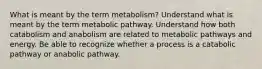 What is meant by the term metabolism? Understand what is meant by the term metabolic pathway. Understand how both catabolism and anabolism are related to metabolic pathways and energy. Be able to recognize whether a process is a catabolic pathway or anabolic pathway.