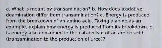 a. What is meant by transamination? b. How does oxidative deamination differ from transamination? c. Energy is produced from the breakdown of an amino acid. Taking alanine as an example, explain how energy is produced from its breakdown. d. Is energy also consumed in the catabolism of an amino acid (transamination to the production of urea)?