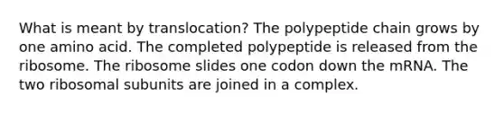 What is meant by translocation? The polypeptide chain grows by one amino acid. The completed polypeptide is released from the ribosome. The ribosome slides one codon down the mRNA. The two ribosomal subunits are joined in a complex.