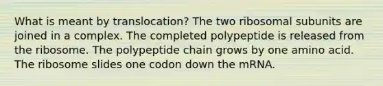 What is meant by translocation? The two ribosomal subunits are joined in a complex. The completed polypeptide is released from the ribosome. The polypeptide chain grows by one amino acid. The ribosome slides one codon down the mRNA.