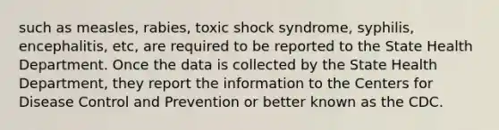 such as measles, rabies, toxic shock syndrome, syphilis, encephalitis, etc, are required to be reported to the State Health Department. Once the data is collected by the State Health Department, they report the information to the Centers for Disease Control and Prevention or better known as the CDC.