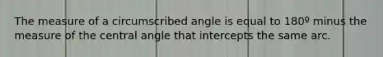 The measure of a circumscribed angle is equal to 180º minus the measure of the central angle that intercepts the same arc.